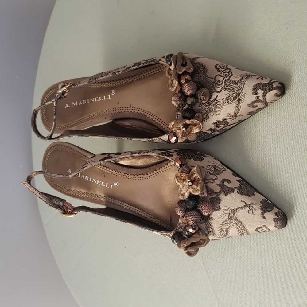 A. Marinelli Beige and Brown Floral Embellished Slingback Heels